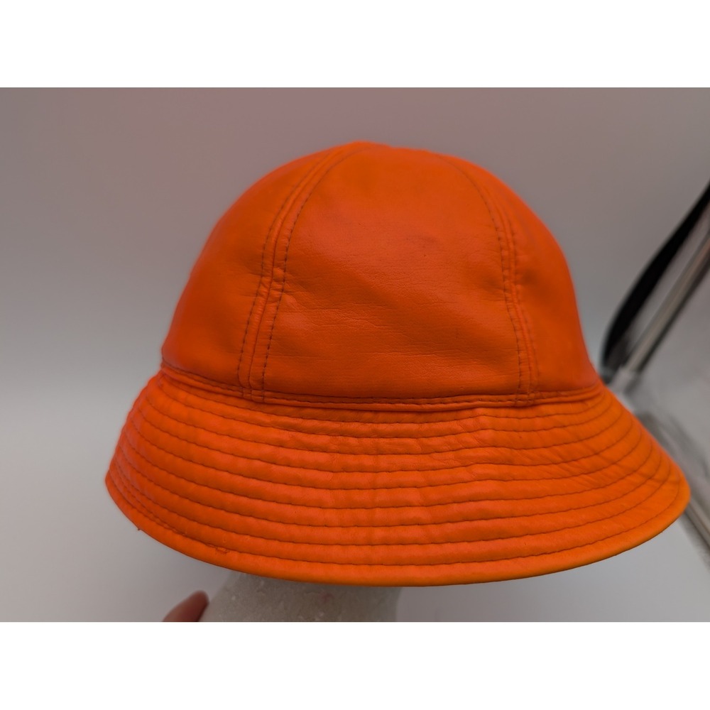 Vintage Orange Leather Bucket Hat with Ear Flaps Stitched Brim Paneled Crown